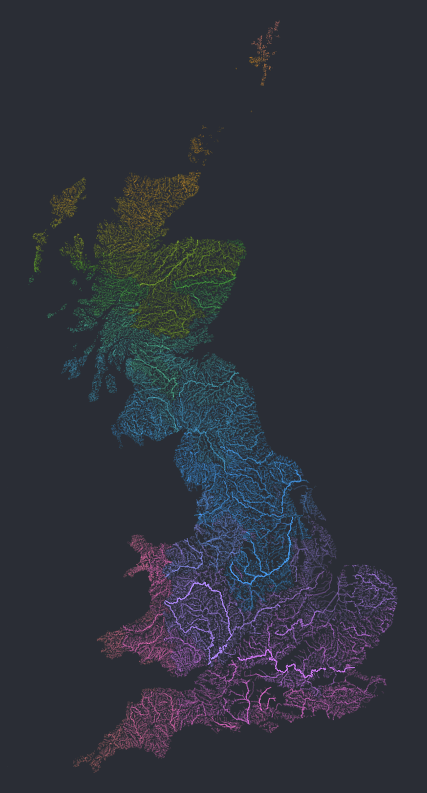 A map showing UK rivers.  They have been grouped by river system, each system has been coloured differently.  Long rivers are more pronounced that short ones.